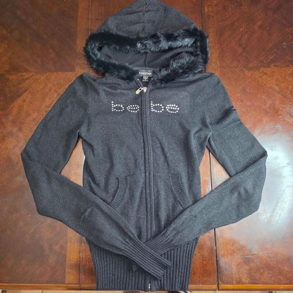 Rare Y2k Bebe Black Rhinestone and Fur Knit Hoodie